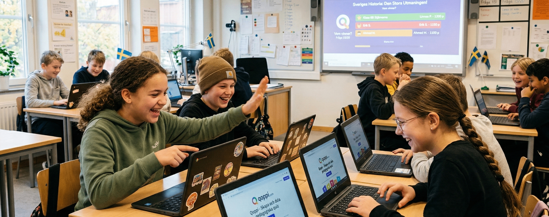 Students playing interactive quiz in classroom with qoppi.com